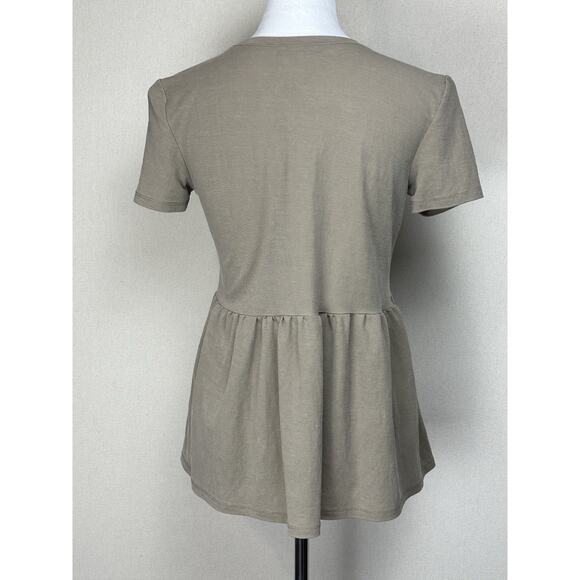 ZARA Women’s Sz S Taupe Short Sleeve Peplum Top Baby Doll Peasant Boho Smocked - Picture 3 of 7